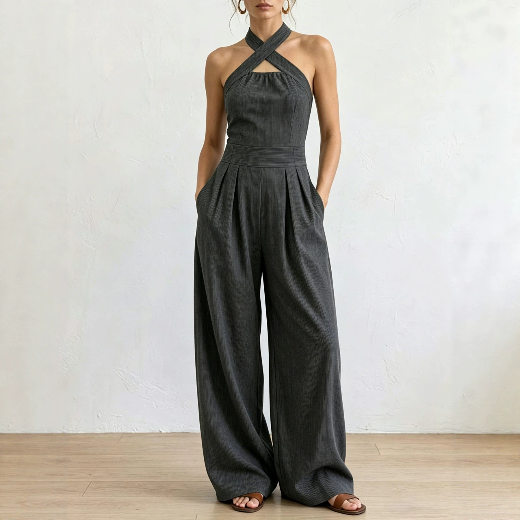 New European and American cross-border summer elegant off-shoulder sleeveless cross-neck jumpsuit with wide legs, woven stripes, and solid color for women