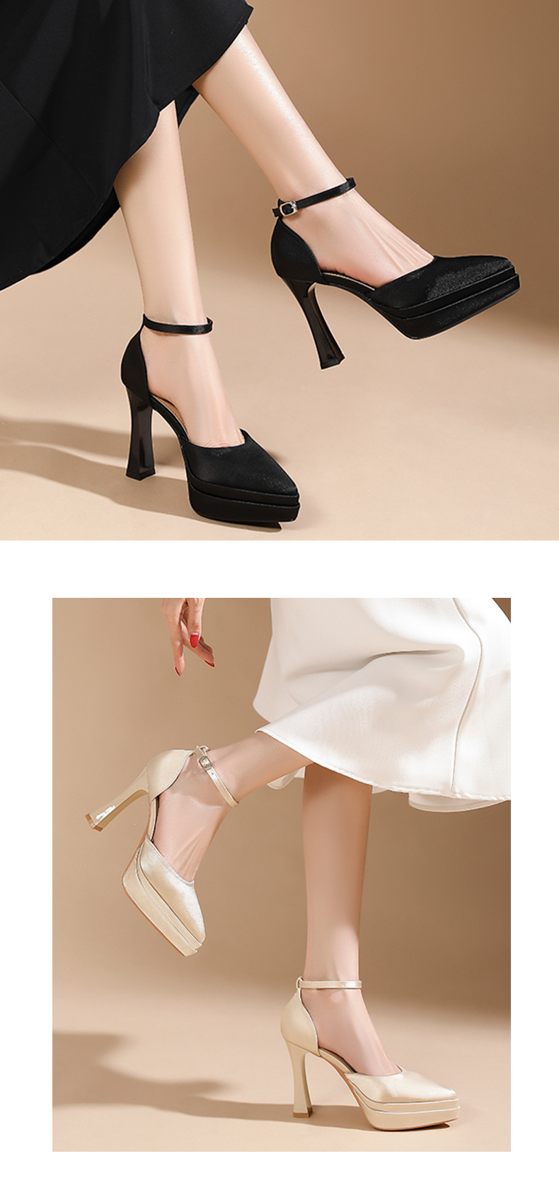 Sandal cao gót nữ mũi nhọn quai ngang chất liệu satin, gót 11 cm — Đen - 11cm chi tiết 6