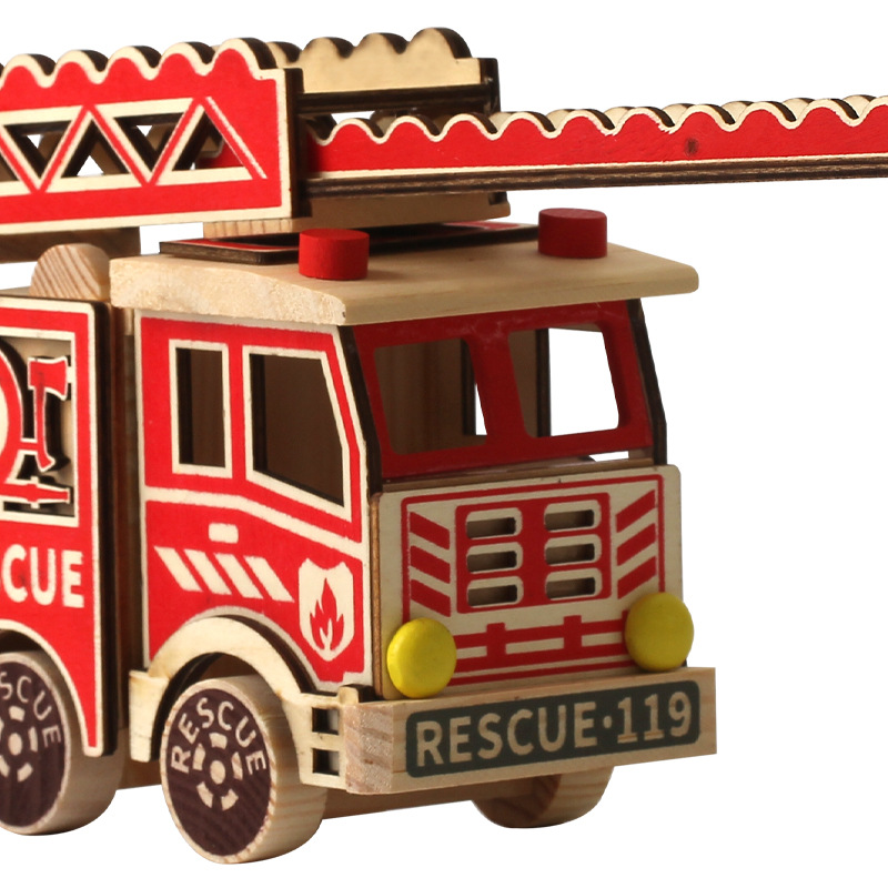 Wooden fire rescue vehicle model ornaments simulation large truck model colorful cloud ladder fire truck children's gift