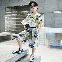 男童夏季國潮港風套裝2024新款中大童襯衫短袖兩件套個性潮牌童裝