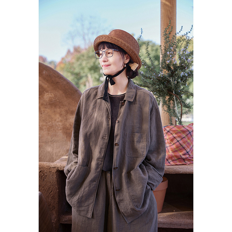 Spring and Summer New Style Retro Women's Tea Brown Linen Original Loose Large Size Slim Lapel Shirt Jacket