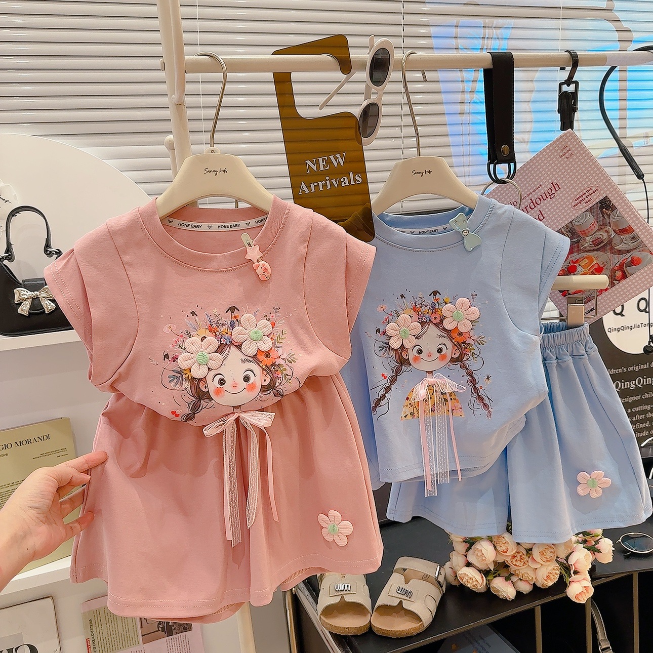 Summer New Children's Suit Girls' Short-Sleeved Shorts Children's Suit Cotton Suit Girls' Medium and Large Children's T-Shirt