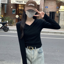 薄款纯棉V领长袖内搭打底衫女秋冬修身百搭黑色紧身收腰t恤上衣
