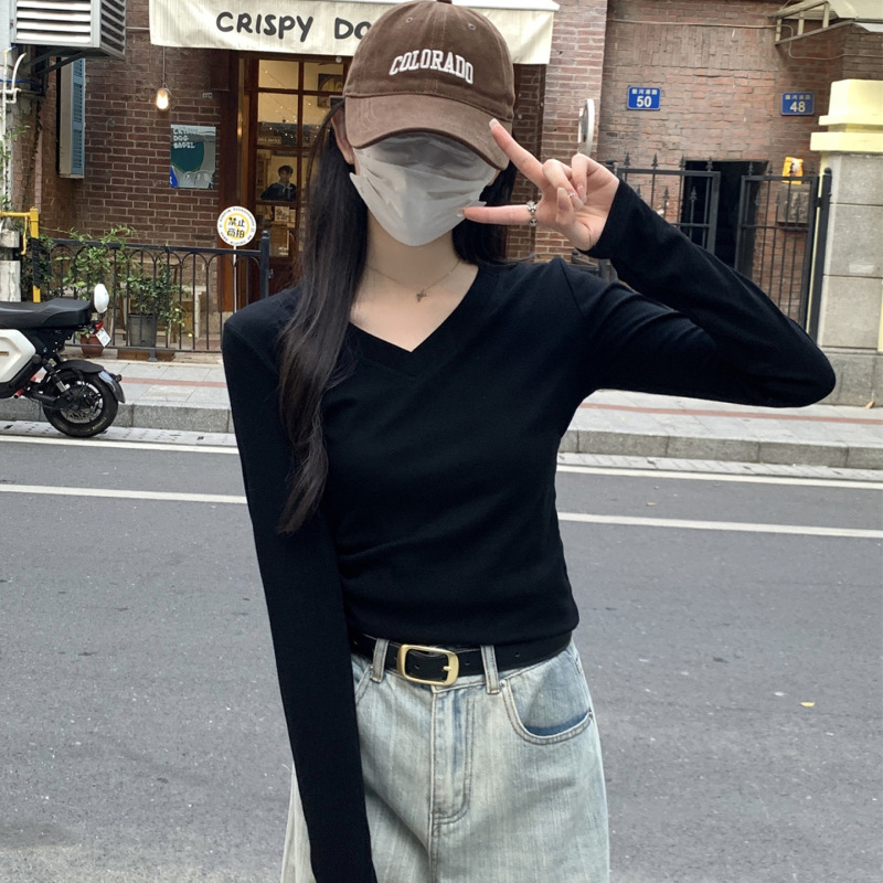 薄款纯棉V领长袖内搭打底衫女秋冬修身百搭黑色紧身收腰t恤上衣|undefined
