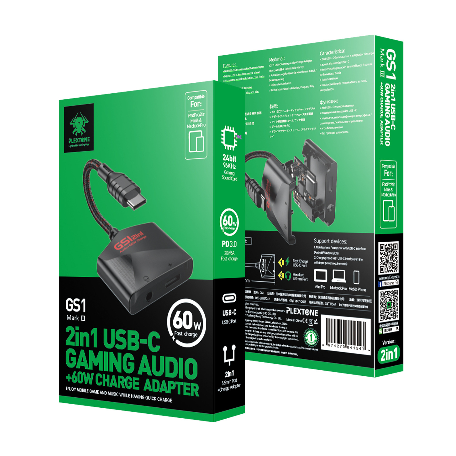 Nuevo Puji GS1 2-en-1 tipo C de carga rápida 60W USB-C a 3,5mm juego de auriculares tarjeta de sonido del teléfono móvil