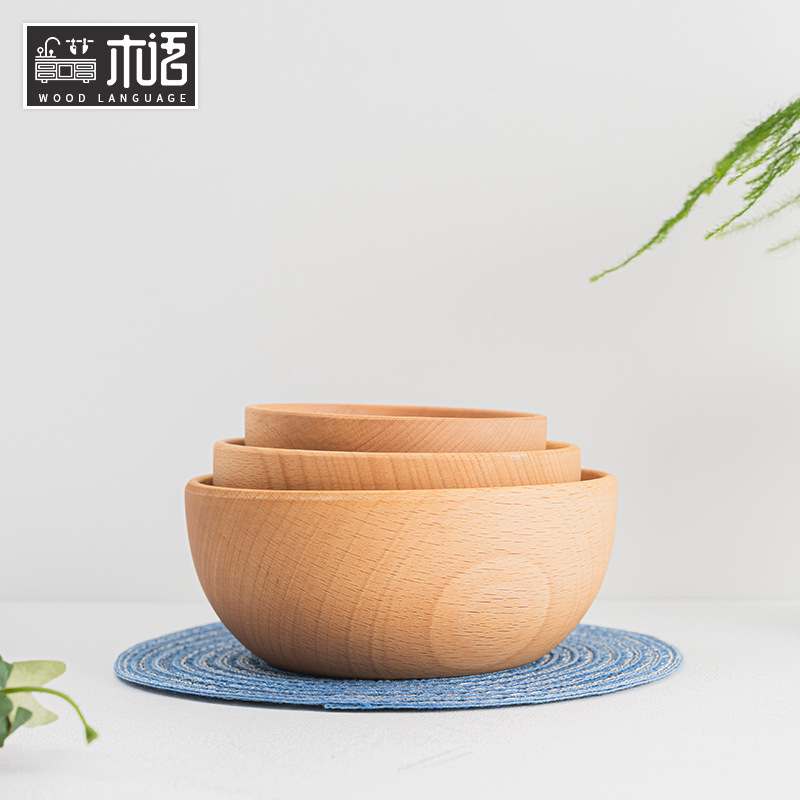Japanese minimalist beech wood round salad bowl household ramen bowl artistic factory wholesale customizable with logo