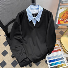 春秋季假两件长袖polo衫拼接翻领卫衣男潮牌宽松情侣休闲套头上衣