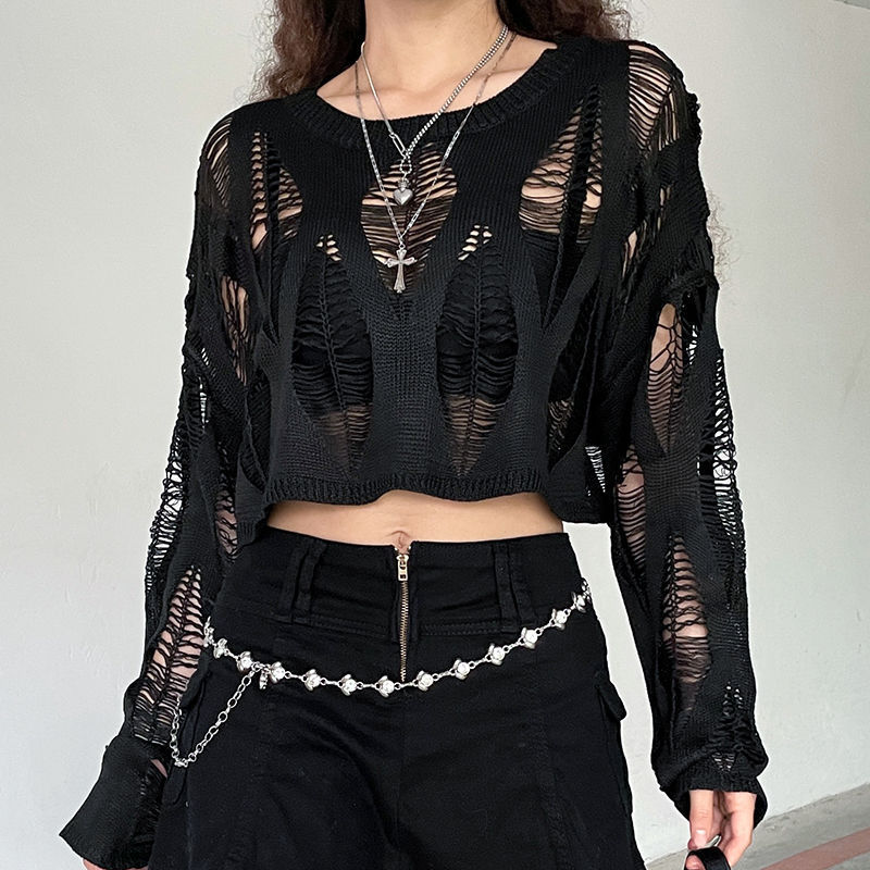 Gothic Style Hollow Top, High-Waisted Off-Shoulder Fishnet Mesh Blouse, Hollow Top, Niche Design Knitted Knitwear