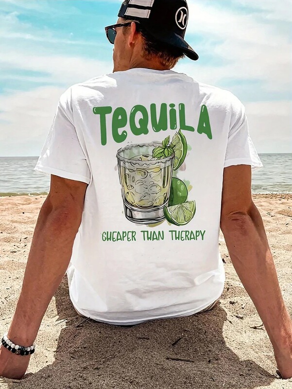 New Summer Tequila-Themed Meme Graphic Men's Cotton T-Shirt Short Sleeve Outdoor Streetwear