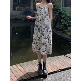 夏季国风印花无袖吊带连衣裙女装别致气质中长款过膝裙子