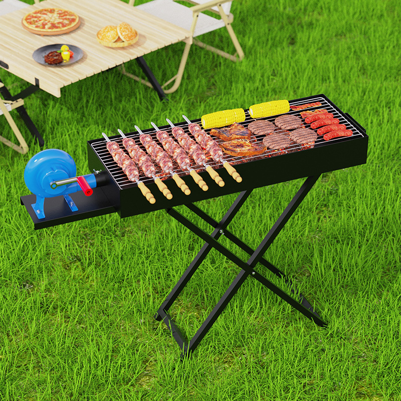 Parrilla transfronteriza para exteriores espesada pequeña horquilla plegable portátil con ventilador de manivela parrillas para acampar al aire libre