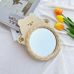Korean ins Rattan Mirror Decoration Hand-woven Round Dressing Mirror Dormitory Bedroom Rattan Vertical Makeup Mirror
