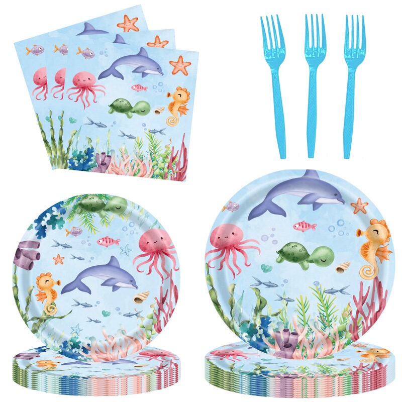 New Ocean Animal Party Tableware Blue Sea Dolphin Birthday Decoration Disposable Waterproof Paper Tray Paper Cup