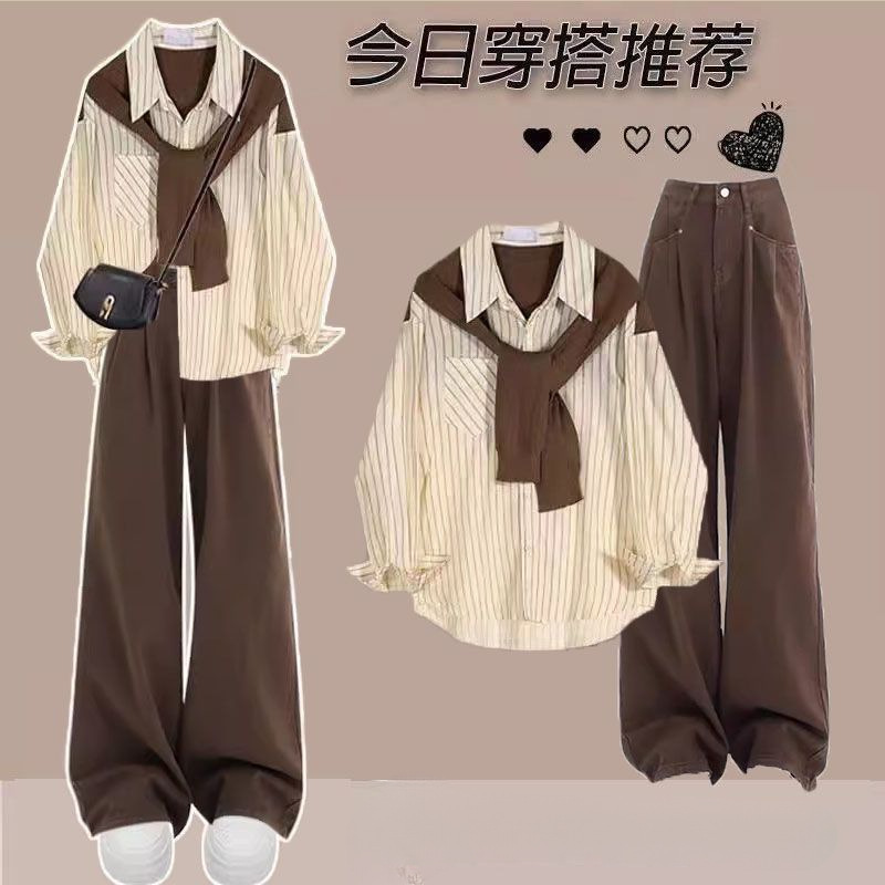 봄 가을 세트 여성 세트 여학생 한국 느슨한 대학 스타일 줄무늬 셔츠 높은 허리 청바지 투피스 JQ