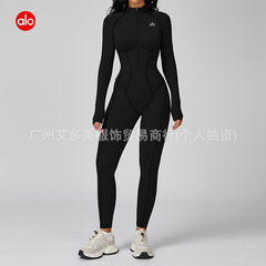 alo欧美撞色立领连体衣半拉链一体式健身服女高强度运动瑜伽服