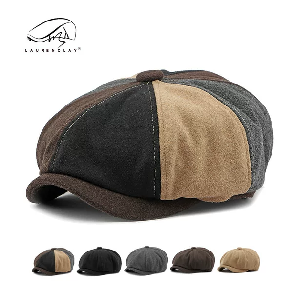 Color-Blocked American Retro Octagonal Hat for Men in Autumn and Winter Classic Woolen Beret for Women British Peaked Cap Newsboy Hat