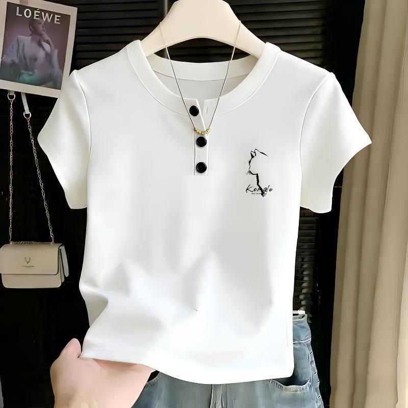 Summer essential unique cartoon print simple ins-style women's versatile casual top trendy short-sleeved cropped T-shirt Summer essential unique cartoon print simple ins-style women's versatile casual top trendy short-sleeved cropped T-shirt