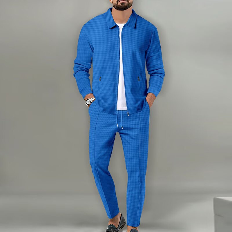 Waffle knit men's casual suit with a collared zip-up long-sleeve jacket and matching trousers, two-piece set, cross-border supply