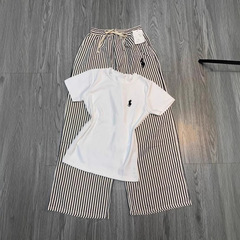 国境を越えた売れ筋ファッションスーツ女性の夏の新しいスタイルのロバ刺繍半袖ストライプワイドレッグパンツカジュアルツーピースセット