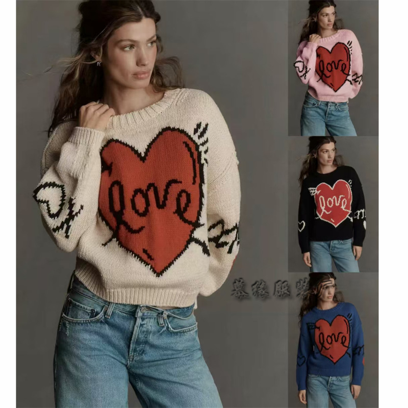 2026 Autumn/Winter Amazon New Love Heart Long Sleeve Knitted Sweater Loose Fit Round Neck Couple Sweater 2026 Autumn/Winter Amazon New Love Heart Long Sleeve Knitted Sweater Loose Fit Round Neck Couple Sweater