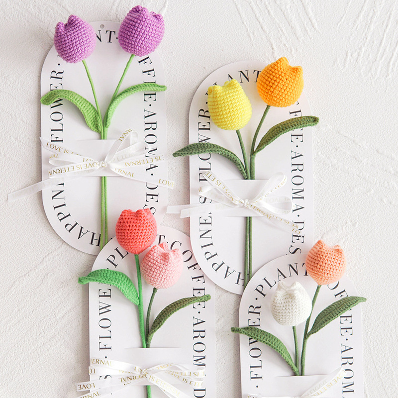 Mother's Day Knitted Artificial Flower Souvenir Finished Handmade Flower Tulip Bouquet Ornament Decorative Knitted Flower Pendant