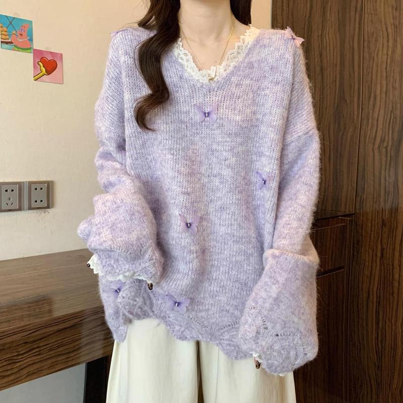 秋冬蕾丝蝴蝶针织衫新款设计紫色立体外套毛衣宽松显瘦慵懒上衣|undefined