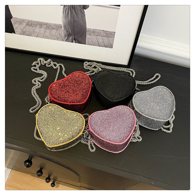 Single Shoulder Strap Strap Type Crossbody Bag Bags Type Women's Mini Pu Leather Solid Color Streetwear Sequins Heart-shaped Zipper Crossbody Bag