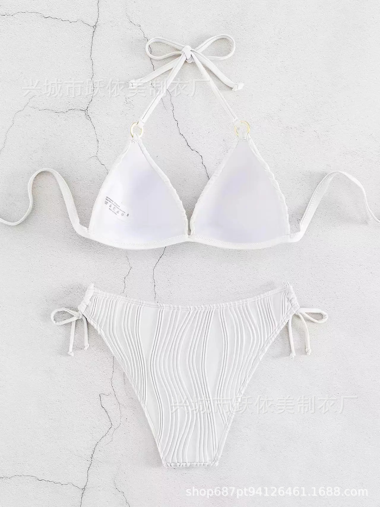 欧美新款游泳衣跨境性感分体带胸垫比基尼糖果色波浪法式三点详情4