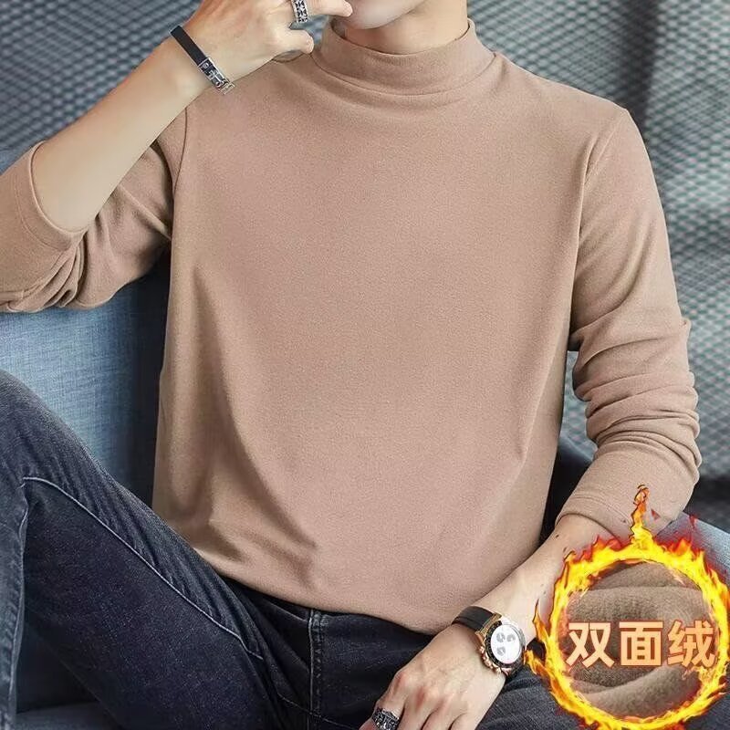Camiseta de doble cara de medio cuello alto, camiseta de hombre de color sólido, camiseta de manga larga, invierno y otoño, más vello, más grueso, más delgado, más cálido, más suave.