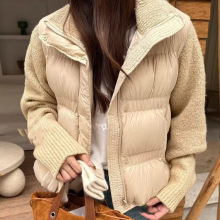 毛线袖拼接羽绒服女欧洲站2025年冬季新款韩版立领90白鸭绒外套潮