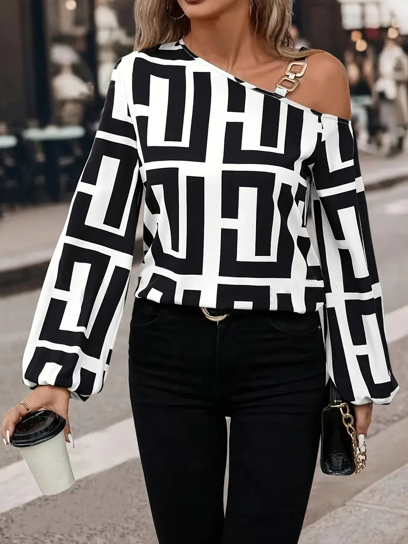273g Weight Long Sleeve Sleeve Length Polyester Fabric Type Regular Top Length Blouse Tops Type Casual, Daily Occasion Oblique collar Neckline Regular Fit Fit Type Geometric Pattern Spring, Autumn Season Women's Gender Printing Design Elegant, Streetwear Style Wholesale Women's Elegant Streetwear Geometric Long Sleeve Printing Blouses 8