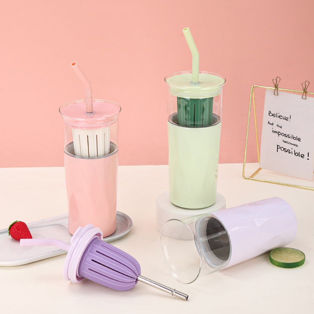 304不锈钢双层真空优咔杯茶水分离吸管咖啡杯户外便携两用保温杯