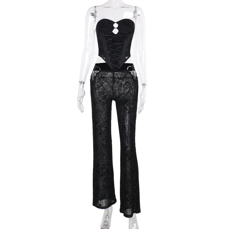 Flocking Lace Up Waist Tube Top Top Trousers Suit Spring Two Piece Suit