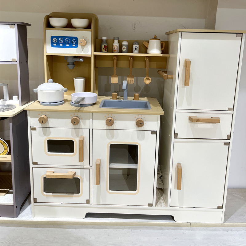 Nordic Style Children's Wooden Cooking and Kitchenware Simulation Pretend Play Range Hood Stove Sound and Light Refrigerator Kitchen Toy