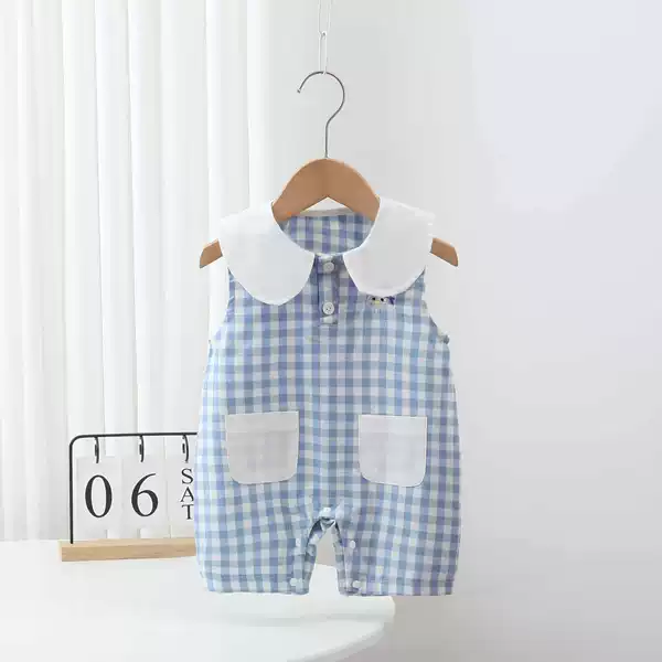 Summer Baby Sleeveless Jumpsuit Blue and White Plaid Doll Collar Baby Romper Newborn Breathable Cotton Gauze Romper