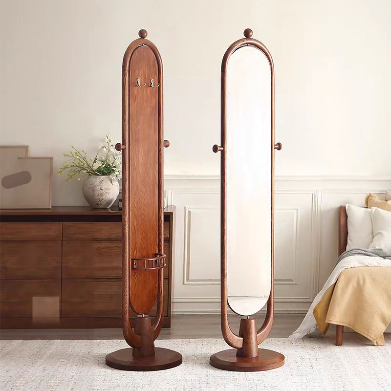 Ash Wood Rotating Dressing Mirror and Clothes Hanger Integrated Bedroom Home Accessible Luxury All Solid Wood Floor-Standing Full-Body Fitting Mirror