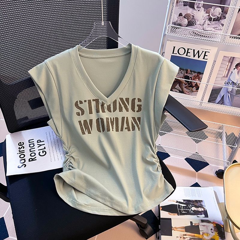 Camiseta de manga voladora pequeña con estampado de letras para mujer de talla grande para mujer verano 2024 nuevas mujeres sueltas y delgadas con cuello en V para mujer