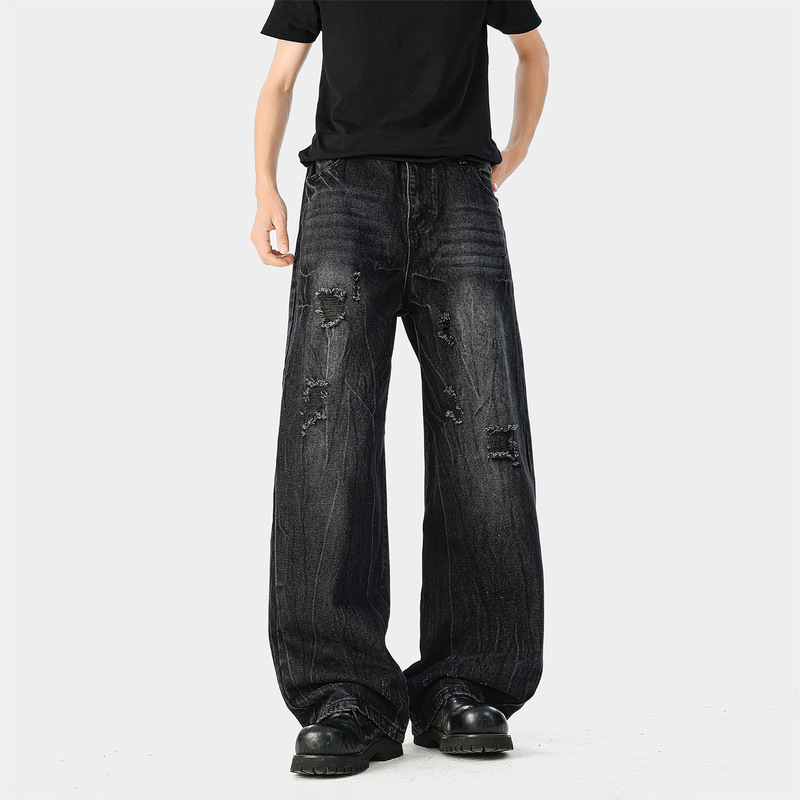 Black Ripped Curved Hem Jeans for Men, Summer American High Street Vibe Pants, Tall and Slim Fit, Slightly Flared Pants Black Ripped Curved Hem Jeans for Men, Summer American High Street Vibe Pants, Tall and Slim Fit, Slightly Flared Pants