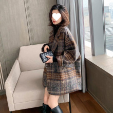 格子中长款加厚女秋冬新款小香风高级宽松呢子大衣西装外套女
