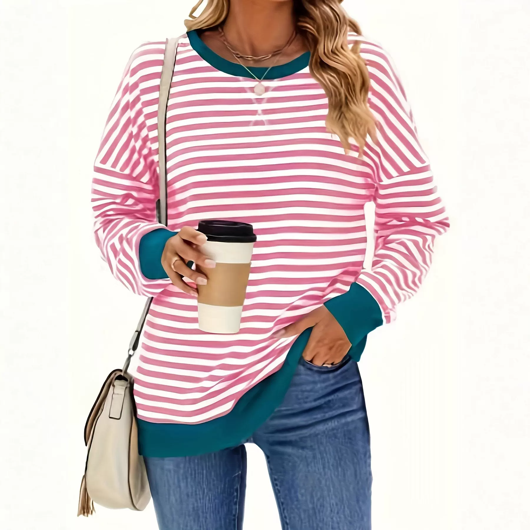 2025欧美跨境大码女装秋冬新款条纹撞色圆领T恤开叉宽松长袖上衣