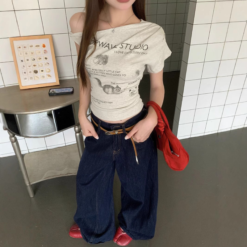 アメリカンホットガール子猫プリントオフショルダー半袖Tシャツレディース夏デザインニッチオフショルダースリムショートトップ|undefined