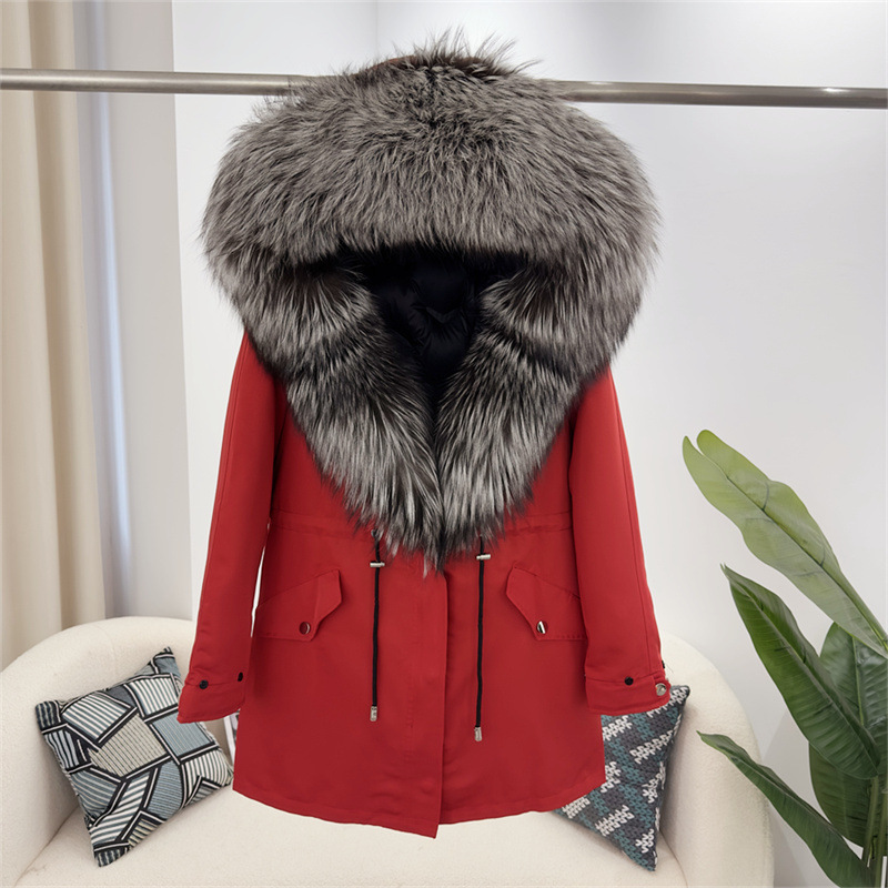 Damenbekleidung Abnehmbarer Parka aus Fuchspelz Mittellanger Kapuzenmantel_voghion.com