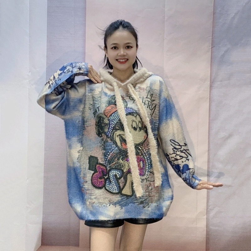 Korean Style Oversized Lazy Mid-Length Heavy Rhinestone Hooded Sweater Trendy Women's Autumn Cartoon Pattern Knit Top