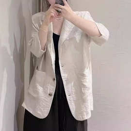 2024夏季亚麻混纺外套女休闲气质西装领纯色宽松中袖开衫上衣