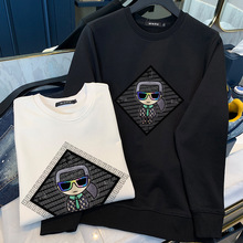 欧洲站轻奢潮牌卫衣男装百搭时尚老佛爷烫钻大牌长袖全棉打底衫潮