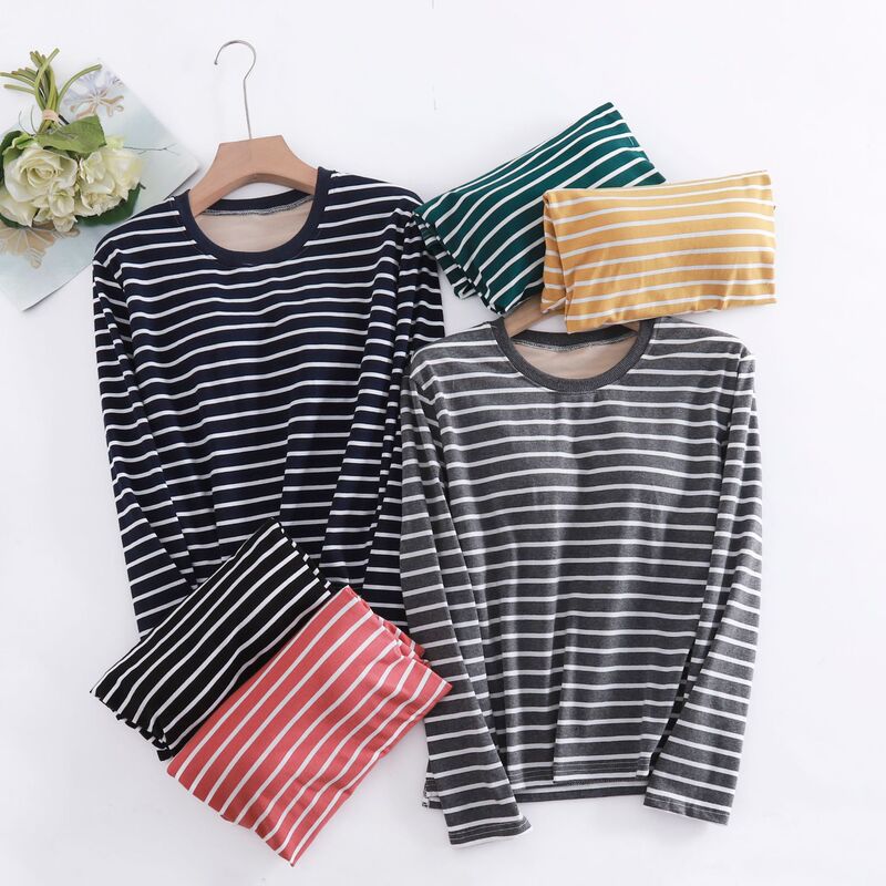Autumn and winter new cotton stripe with breast pad Cup one-piece simple women can wear bottoming long-sleeved shirt home clothes
