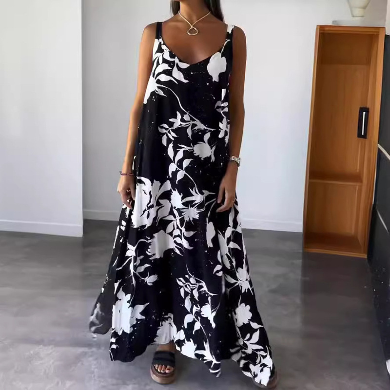 2026 Summer Cross-Border European and American Women's Fashion New Amazon Vacation Long Dress Printed Strapless Backless V-Neck Dress