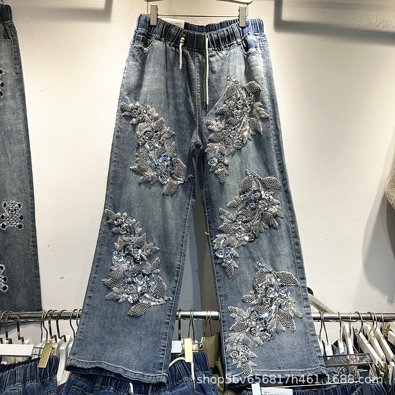 European Heavy-Duty Design Beaded Sequin Three-Dimensional Flower Jeans for Women Autumn Loose Fashion Versatile Wide-Leg Pants