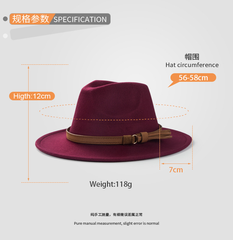 371g Weight Anniversary, Business, Wedding, Outdoor, Travel, Beach, Birthday, Festival, Shopping Occasion Unisex Gender Korean Style Style Royal Blue, Dark Blue, Grey, Wine Red, Camel, Black Color Retro Woolen Hat Korean  Belt Accessories Top Hat Simple Big Brim Jazz Hat 2