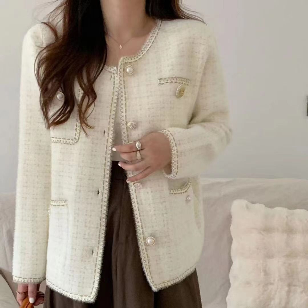 Moda Chanel estilo de punto cardigan suéter Otoño e Invierno Nuevo estilo Faux visón terciopelo cuello redondo oro seda Plaid todo-coincidencia abrigo para mujeres